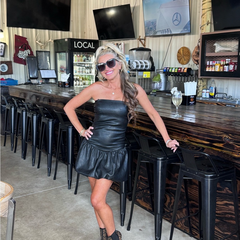 Strapless Black Leather-Look Mini Dress